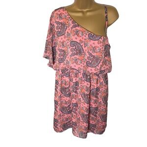 Vanity Asymmetrical Dress Batwing Sleeve Spaghetti Strap Paisley Pink XL